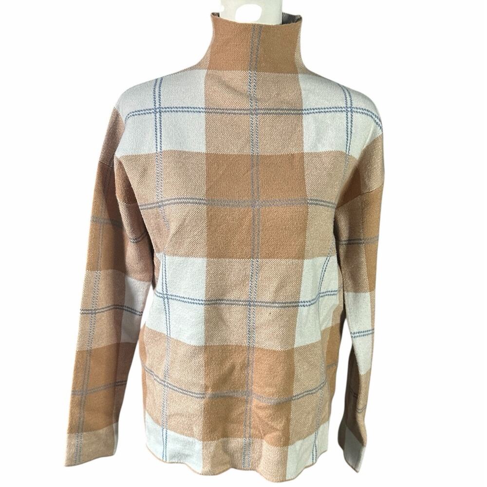Rachel Zoe Sweater Mock Neck Tan Blue White Medium